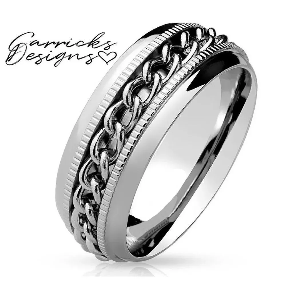 Men's Silver Chain Spinner Promise Ring Band - Anxiety Fidget Ring